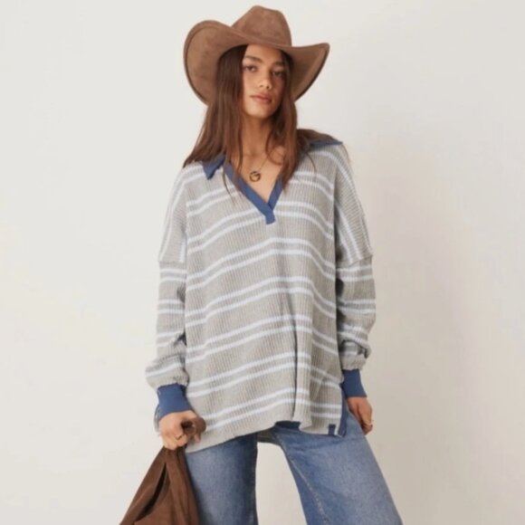 Free People We The Free Striped Travis Polo Tee Sz M Heather Grey Combo - Picture 1 of 9